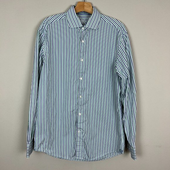 Bugatchi Uomo Dress Shirt Mens 16 34/35 Blue Green Striped Long Sleeve Button Up - Picture 1 of 11